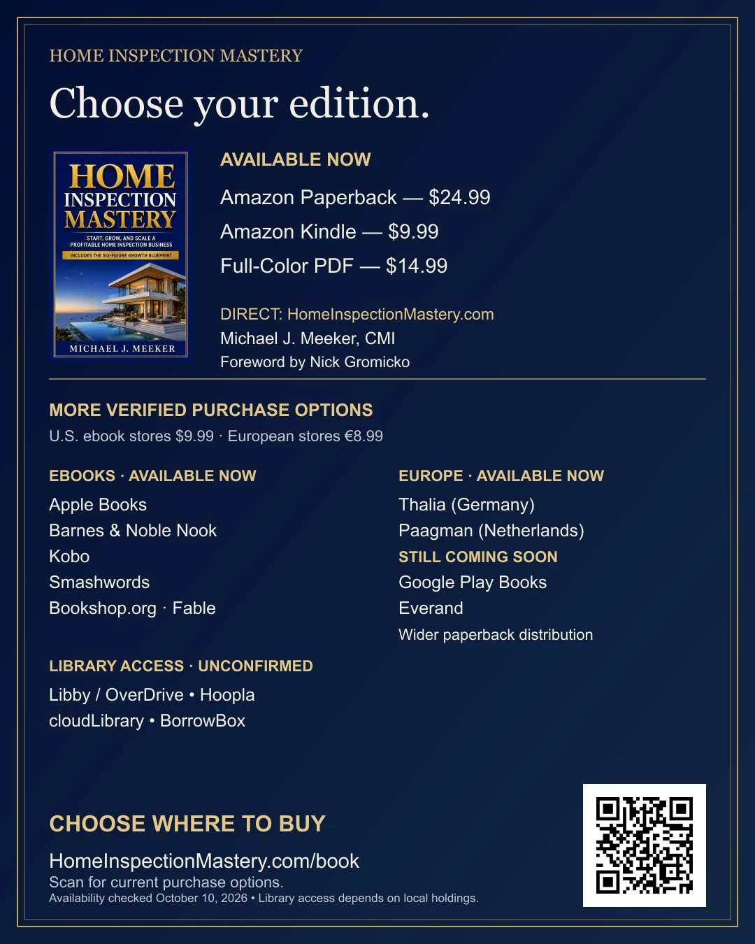 Where to buy Home Inspection Mastery. Available now: Amazon paperback $24.99; U.S. ebook $9.99 at Kindle, Apple Books, Barnes & Noble Nook, Kobo, Smashwords, Bookshop.org and Fable; European ebook €8.99 at Thalia and Paagman; full-color PDF $14.99 direct. Google Play, Everand and wider paperback distribution coming soon; library access unconfirmed.